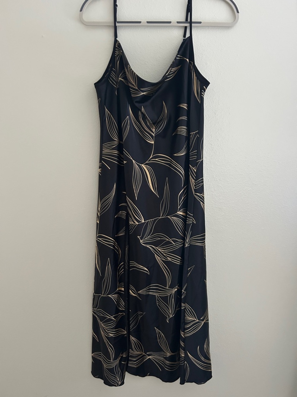 Black Slip Dress with Beige Leaf Print - Women's Dress Large